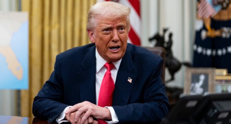 U.S. President Donald Trump signed an executive order in the Oval Office of the White House, temporarily pausing tariffs on USMCA trade from Canada and Mexico until April 2. The decision aims to ease trade tensions and allow further negotiations between the nations. Pictured: donald trump Ref: BLU_S8202710 060325 NON-EXCLUSIVE Picture by: Al Drago / Pool via CNP / SplashNews.com Splash News and Pictures USA: 310-525-5808 UK: 020 8126 1009 eamteam@shutterstock.com World Rights, No France Rights