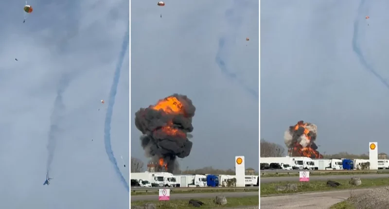 Two military jets collide in midair stunt, crash to ground in fiery explosion