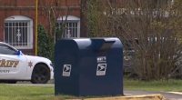 A blue USPS mailbox with a sheriff's car in the background.