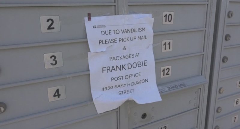 Notice on vandalized mailboxes: pick up mail and packages at Frank Dobie Post Office.