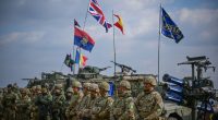 NATO military personnel standing in formation during a large-scale exercise.