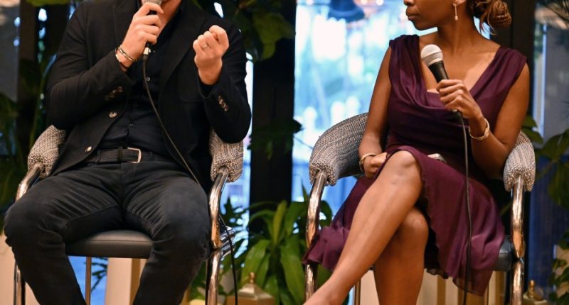 Prince Harry, Alix Lebec, and Dr. Sophie Chandauka participating in a panel discussion.