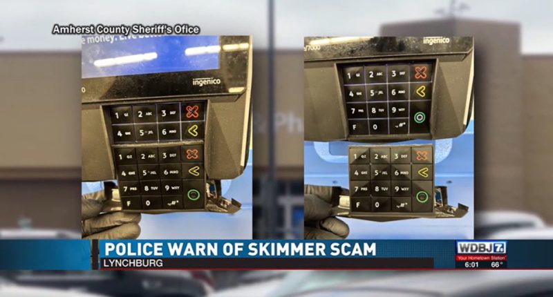 Images of a card reader with a skimmer attached.