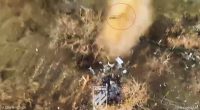 Aerial footage of a drone strike hitting a Russian soldier.
