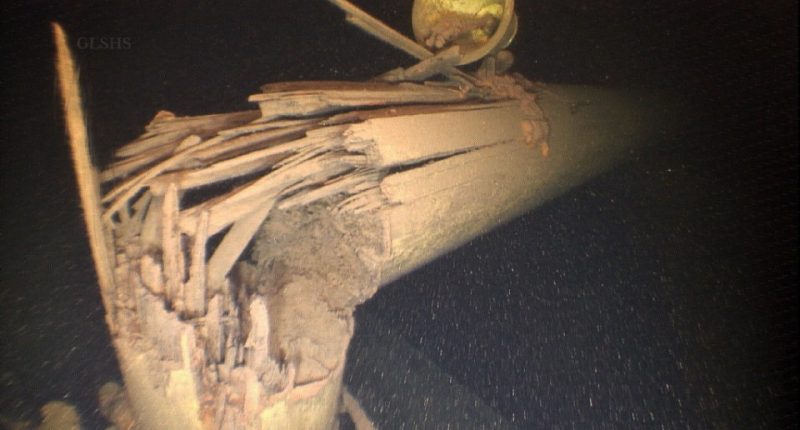 Broken mast of the Western Reserve shipwreck.