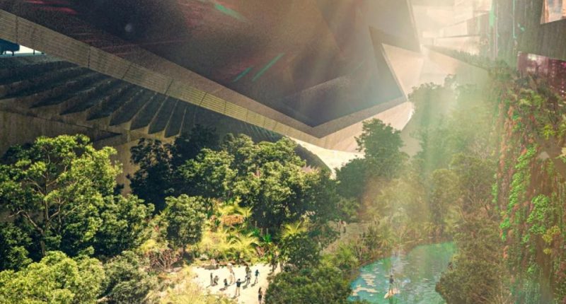 Illustration of The Line, a futuristic city with lush greenery and a central waterway.