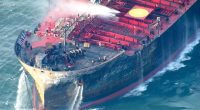 Aerial view of fire-damaged oil tanker Stena Immaculate.