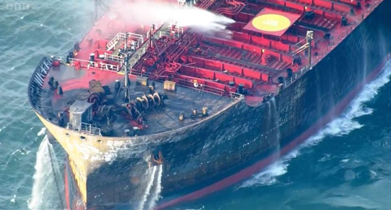 Aerial view of fire-damaged oil tanker Stena Immaculate.
