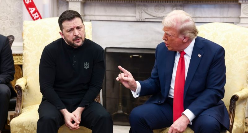 epa11930788 Ukrainian President Volodymyr Zelensky (L) talks with US President Donald Trump (R) in the Oval Office of the White House in Washington, DC, USA, 28 February 2025. Zelensky is in Washington to sign the framework of a deal, pushed by President Trump, to share Ukrainess mineral wealth with the US. EPA/JIM LO SCALZO / POOL