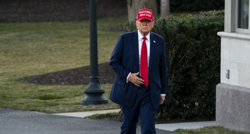 President Trump heads toward reporters before boarding Marine One on the South Lawn of the White House in Washington, D.C., on Friday, February 28, 2025. Trump is heading to his Mar-a-largo country club in Palm Beach, Fla., for the weekend. (Greg Nash/The Hill)