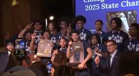 Chicago Hope Academy, Dyett High School, DePaul College Prep, Benet Academy boys basketball teams celebrate state championships