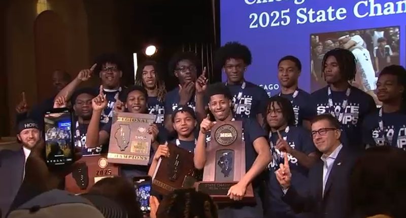Chicago Hope Academy, Dyett High School, DePaul College Prep, Benet Academy boys basketball teams celebrate state championships