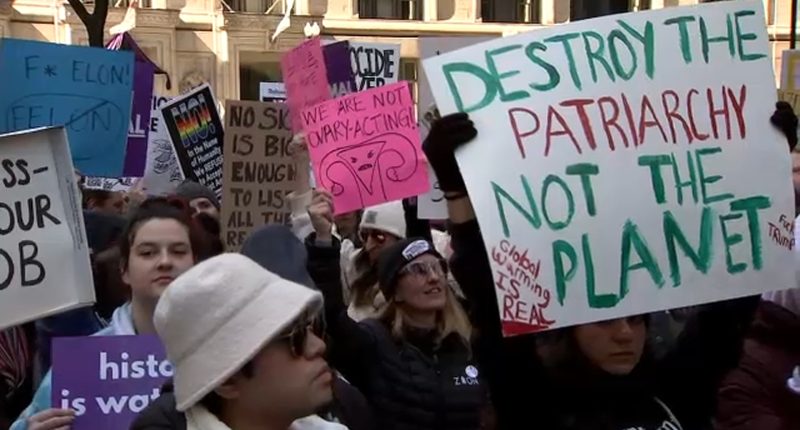 International Women's Day march, rally, events held in Chicago; protesters downtown at Daley Plaza, Trump Tower