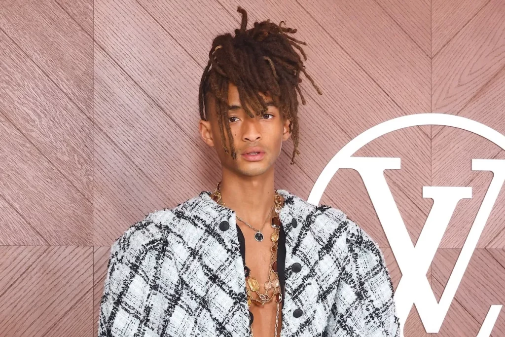 Jaden Smith Turns Heads in a Bold Gender-Fluid Tweed Blouse at Louis Vuitton Show