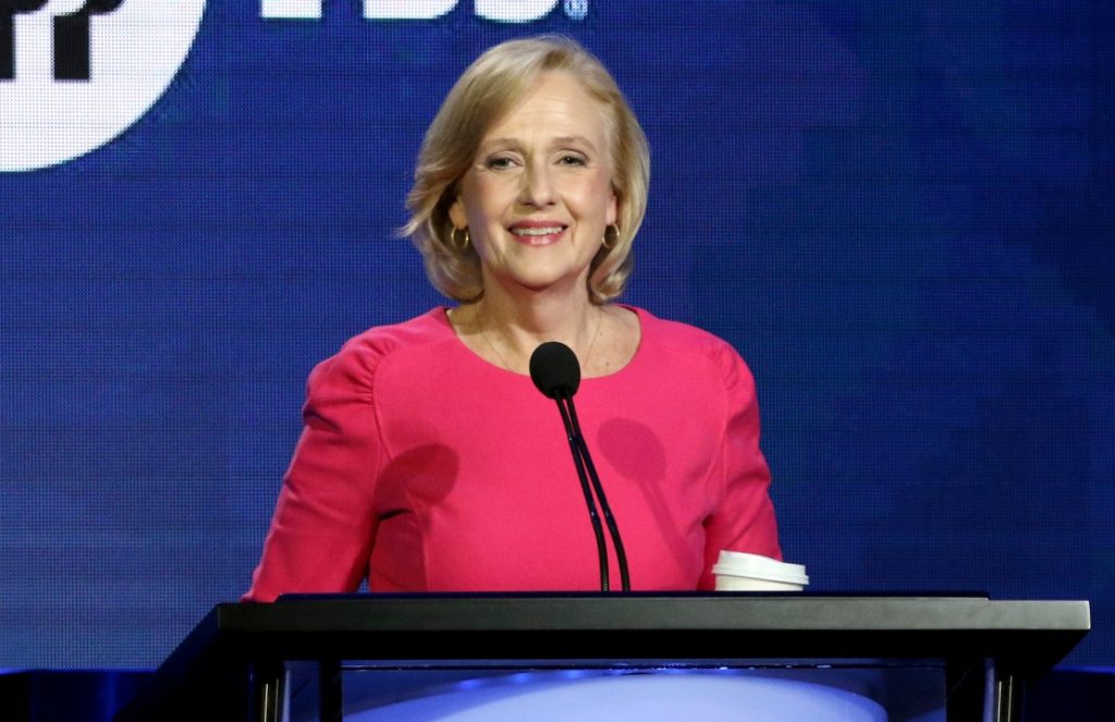 FILE - PBS President and CEO Paula Kerger speaks during the PBS Executive Session at the Television Critics Association Winter Press Tour on Feb. 2, 2019, in Pasadena, Calif. (Photo by Willy Sanjuan/Invision/AP, File)