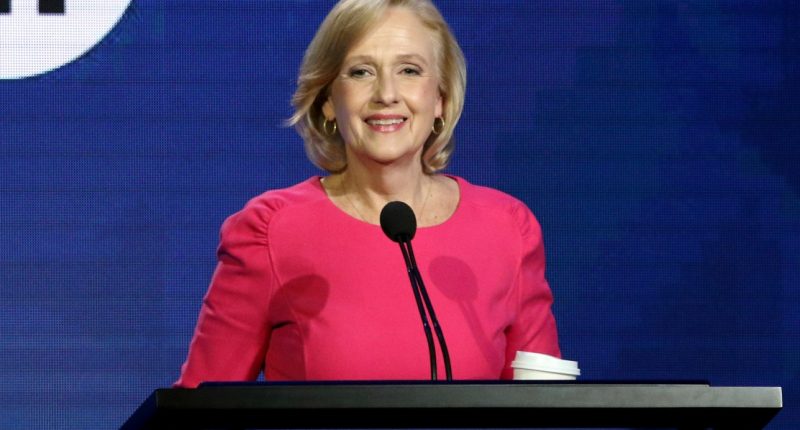 FILE - PBS President and CEO Paula Kerger speaks during the PBS Executive Session at the Television Critics Association Winter Press Tour on Feb. 2, 2019, in Pasadena, Calif. (Photo by Willy Sanjuan/Invision/AP, File)