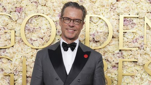 Guy Pearce arrives at the 82nd Golden Globes on Sunday, Jan. 5, 2025, at the Beverly Hilton in Beverly Hills, Calif. (Photo by Jordan Strauss/Invision/AP)