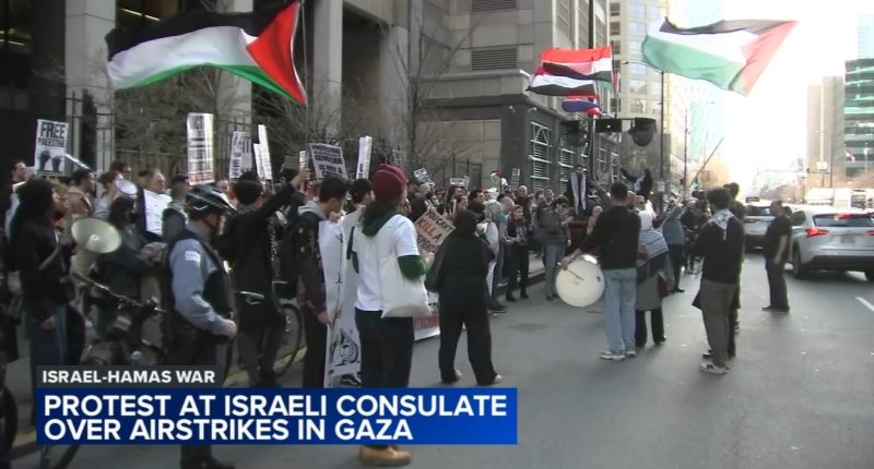 Pro-Palestinian protest in Chicago today: Demonstrators march from Israeli Consulate to Federal Plaza after Israel strikes Gaza