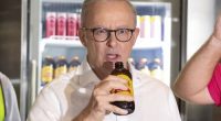 Prime Minister Anthony Albanese drinks a ginger beer during a visit to Bundaberg Brewed Drinks, in Bundaberg, Queensland, in the electorate of Hinkler, on Saturday 29 March 2025, during the 2025 federal election campaign. fedpol Photo: Alex Ellinghausen