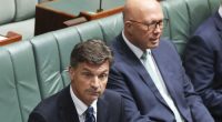 Shadow Treasurer Angus Taylor and Opposition Leader Peter Dutton in the House of Representatives at Parliament House in Canberra on Wednesday 26 March 2025. fedpol Photo: Alex Ellinghausen