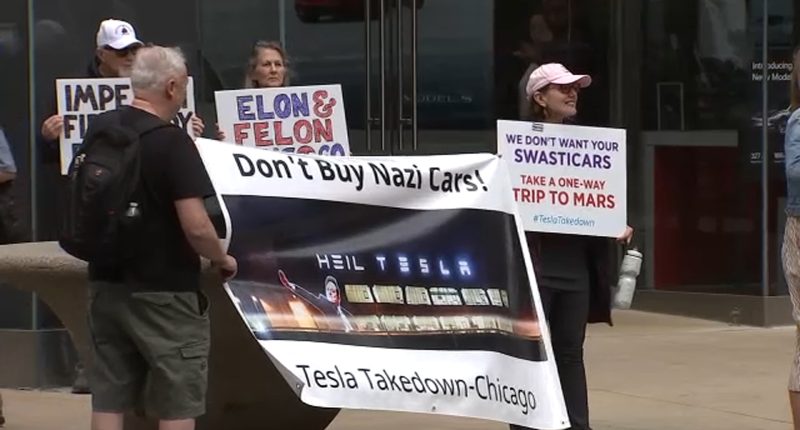 'Tesla Takedown': Protestors rally against Elon Musk at downtown Chicago Tesla dealership on North Rush Street on Near North Side