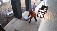 WATCH: Man caught on camera stealing packages with a child