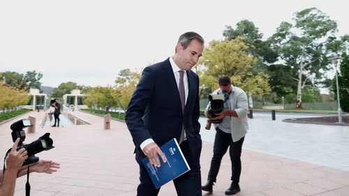 Treasurer Jim Chalmers arrives on budget day at Parliament House in Canberra on March 25, 2025.