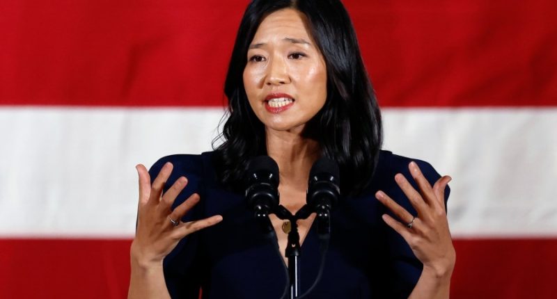 FILE - Boston Mayor Michelle Wu speaks during a Democratic election night party, Nov. 8, 2022, in Boston. A spate of false reports of shootings at the homes of public officials in recent days could be setting the stage for stricter penalties against so-called swatting in more states. Wu, U.S. Sen. Rick Scott of Florida, Georgia U.S. Rep. Marjorie Taylor Greene and Ohio Attorney General Dave Yost have been among the victims. (AP Photo/Michael Dwyer, File)
