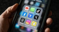 An image collage containing 1 images, Image 1 shows Smartphone displaying various social media app logos