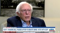 Screenshot of Bernie Sanders in an interview, discussing a government funding bill.