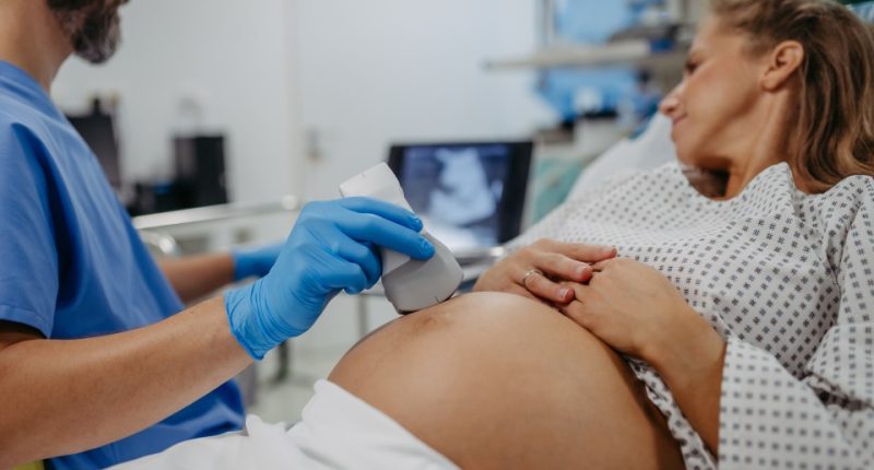 Doctor performing an ultrasound on a pregnant woman.