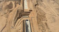 Aerial view of NEOM infrastructure projects under construction.