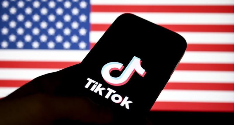 TikTok logo on a phone screen in front of a blurred US flag.