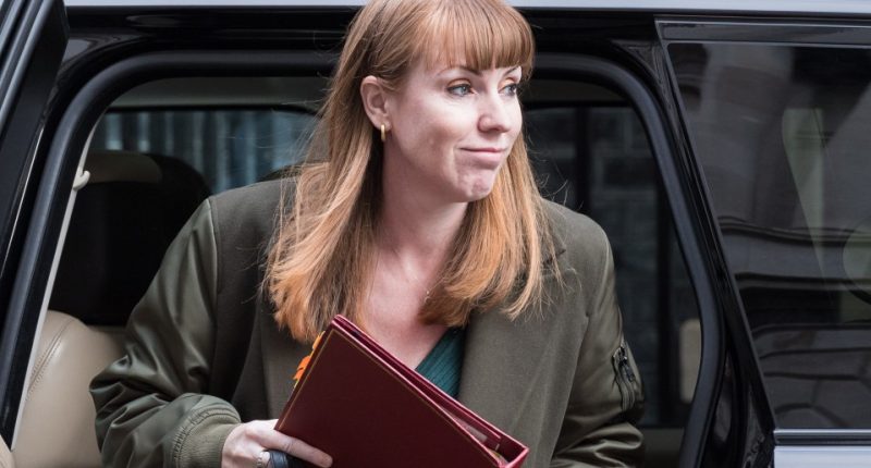 Angela Rayner exiting a car, holding a red folder.