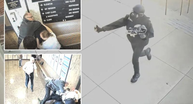 Assailant storms Mass. courthouse in gas mask, tactical gear and pepper sprays, assaults several victims: video