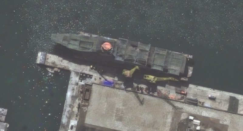Satellite image of a new frigate at a North Korean shipyard.