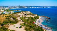 Aerial panoramic view of Faliraki beach in Rhodes, Greece.