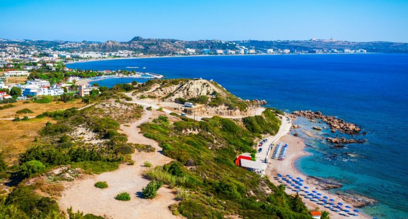 Aerial panoramic view of Faliraki beach in Rhodes, Greece.