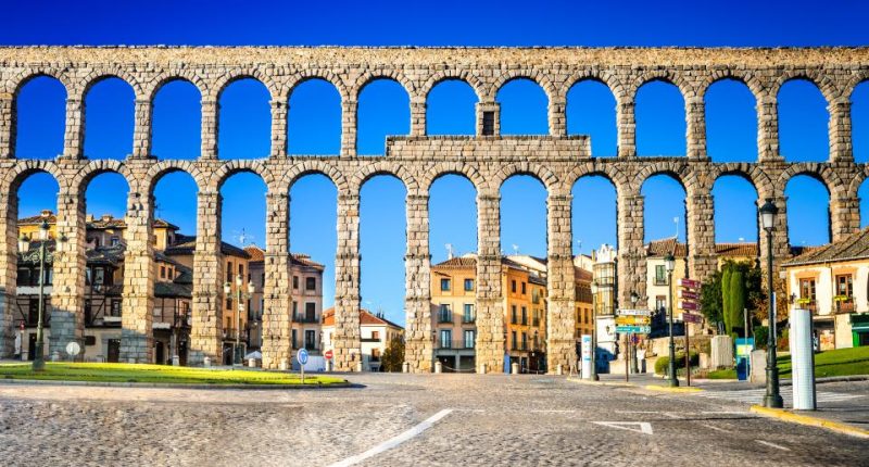 Segovia's Roman aqueduct and town view.