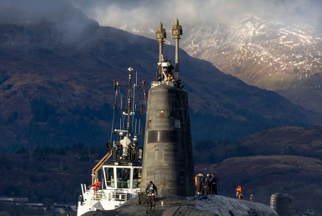 HMS Vengeance submarine departing HM Naval Base Clyde for sea trials.