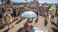 Protest against mass tourism on a beach in Tenerife.