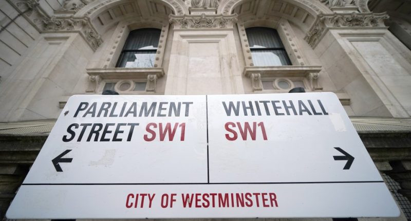Street sign indicating directions to Parliament Street and Whitehall in London.