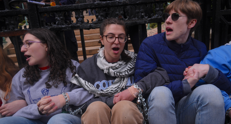 Columbia University students chain themselves to gate in protest of Mahmoud Khalil's detention by ICE