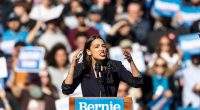 Alexandria Ocasio-Cortez speaking at a Bernie Sanders rally.
