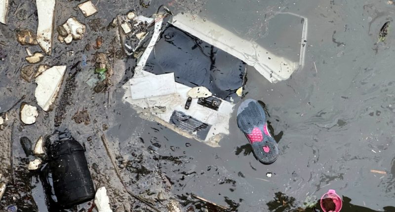 Debris and a shoe in murky water.