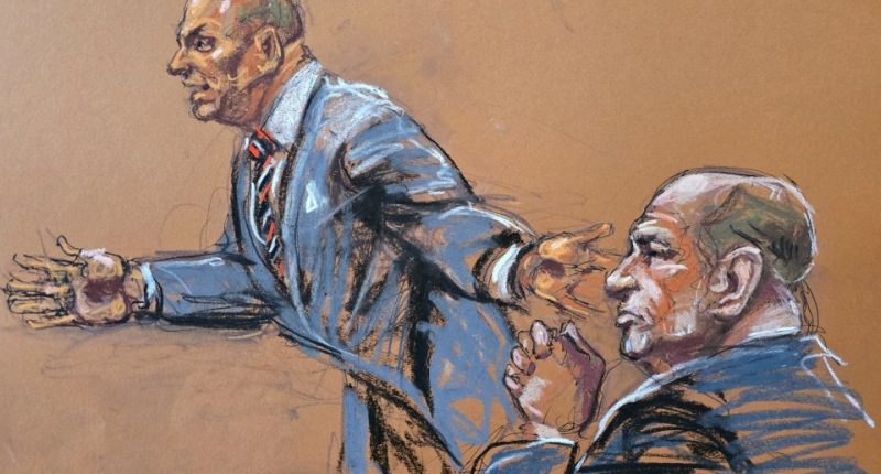 Courtroom sketch of Harvey Weinstein and his attorney.