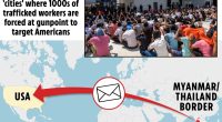 Illustration of text scam operation: trafficked workers in Myanmar/Thailand targeting Americans.