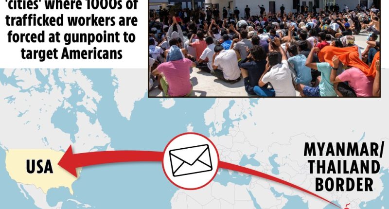 Illustration of text scam operation: trafficked workers in Myanmar/Thailand targeting Americans.