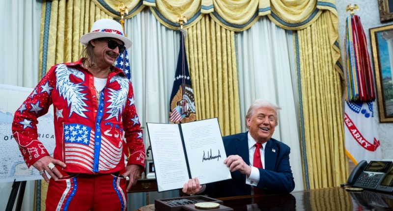 President Donald Trump and Kid Rock in the Oval Office; Trump is signing an executive order.