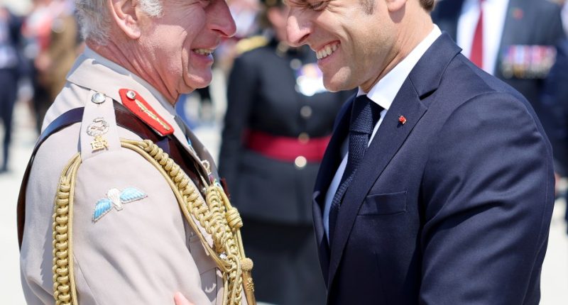 King Charles III and Emmanuel Macron at a D-Day commemorative event.